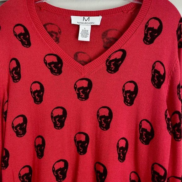 Magaschoni Red + Black Skull Cashmere Blend V Neck Sweater Size L - Picture 11 of 11